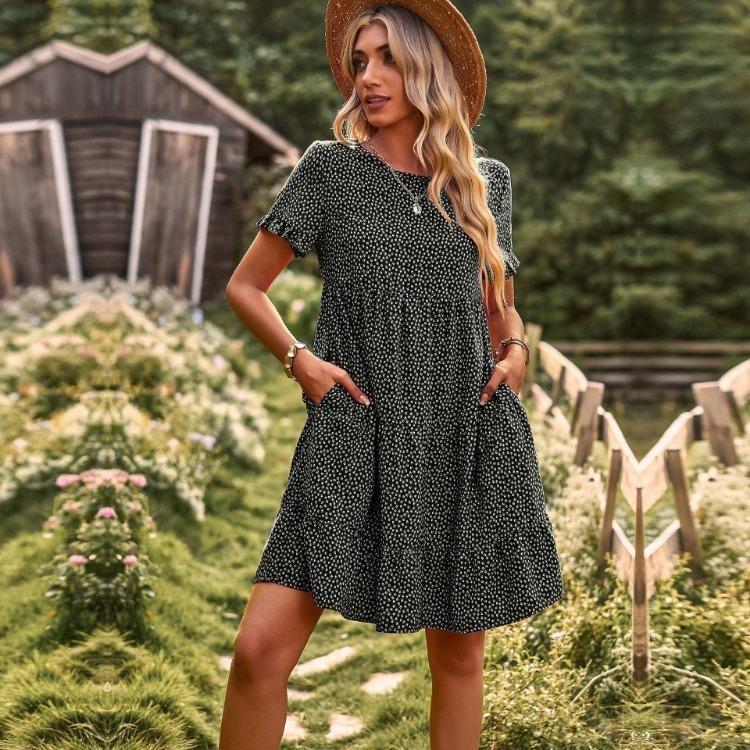 

Spring Summer Pastoral A Line Dress Short Sleeve O Neck Elegant Print M чёрный