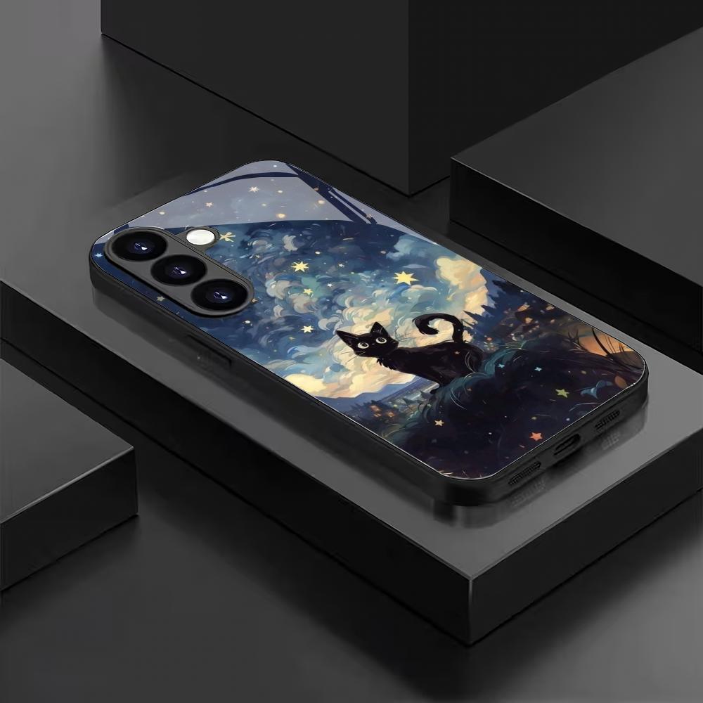 Starry Sky Black Cat Tempered Glass Phone Case Suitable for Samsung Galaxy S26 S25 S24 S22 S21 S20 FE/Ultra/Plus Anti Drop