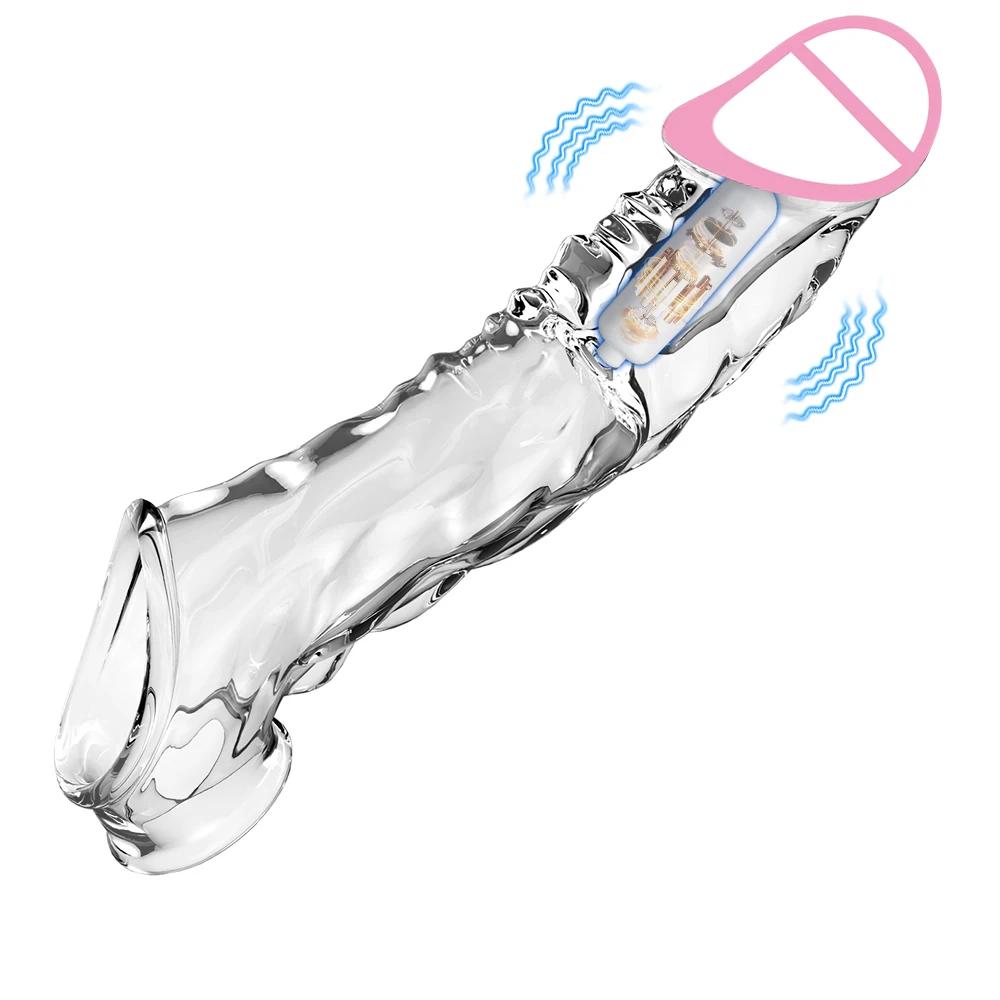 Reusable Penis Sleeve with Vibrator Penis Ring 19cm Clear Cock Ring Extender Soft Dick Enlarger for Couples Reusable Condoms