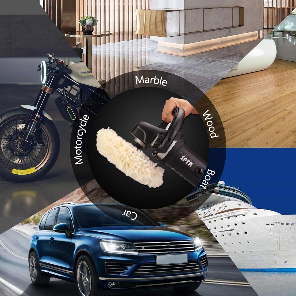 Wool Polishing Pads, SPTA 8"(200mm) 100% Natural Wool Buffing Pad with Hook & Loop Backing 4pcs Set Come with 5/8-11 Thread Backing Plate for Car