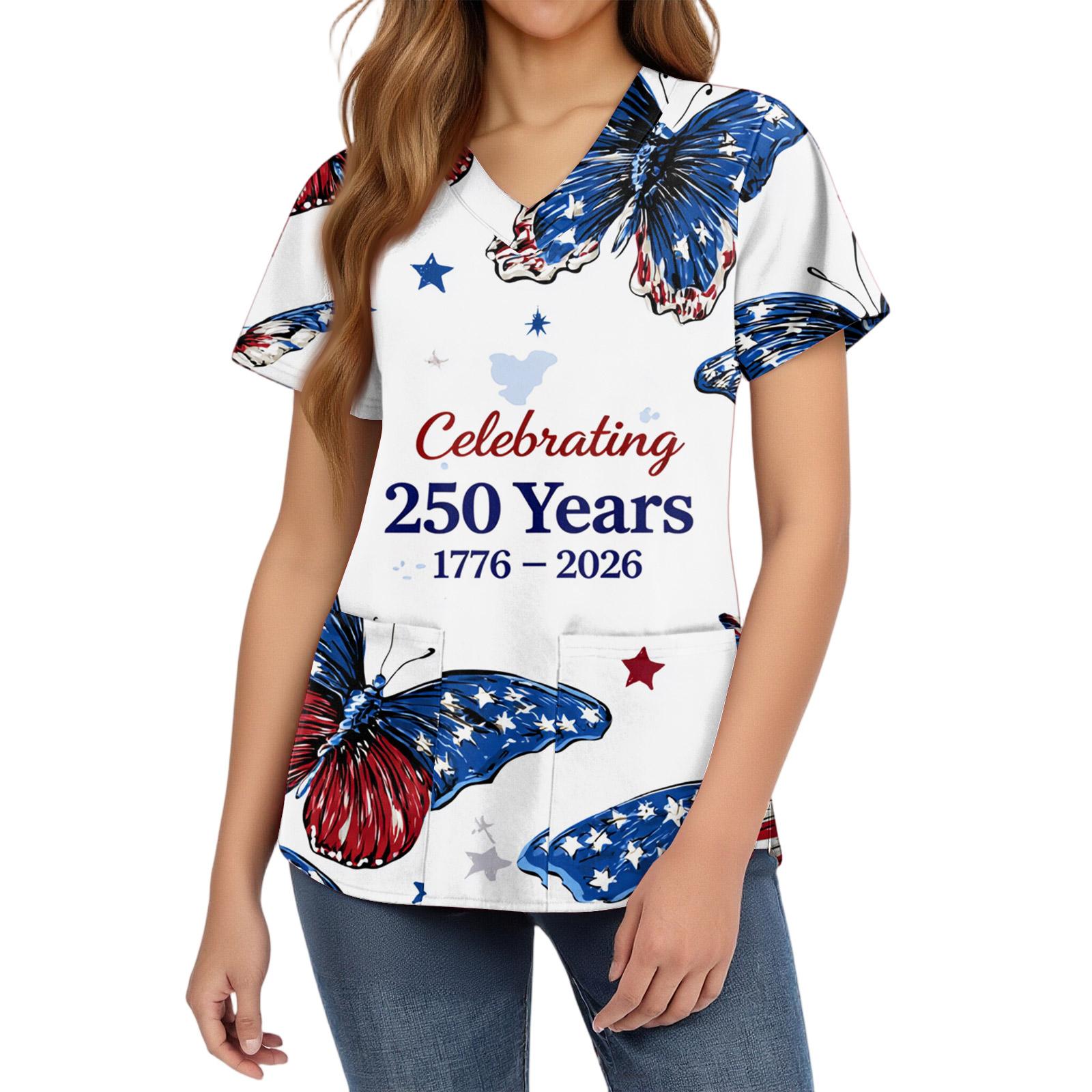

Women s fashionable V-neck short-sleeved work uniform with pockets, print top, caregiver uniform. XL білий