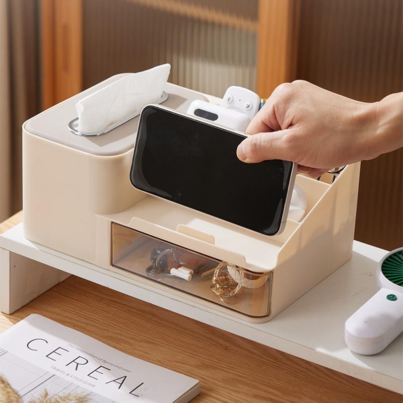 1pc DesktopTissue Box with Phone Holder Cosmetics Organizer Multifunctional Living Room Drawer Typ Remote Control Organizer