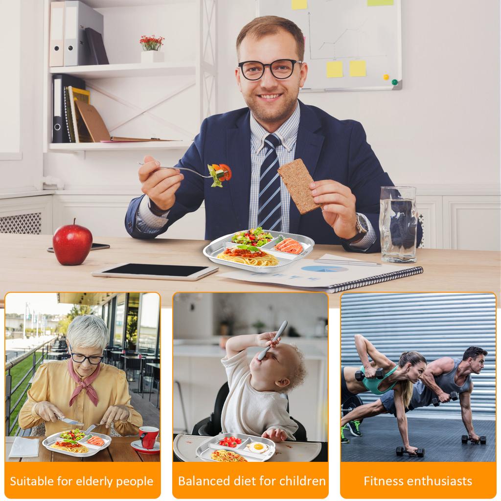 2 Pcs 304 Stainless Steel Dining Tray 3 Compartments Snack Fruit Plate Reusable Divided Dinner Plates for Home School Restaurant