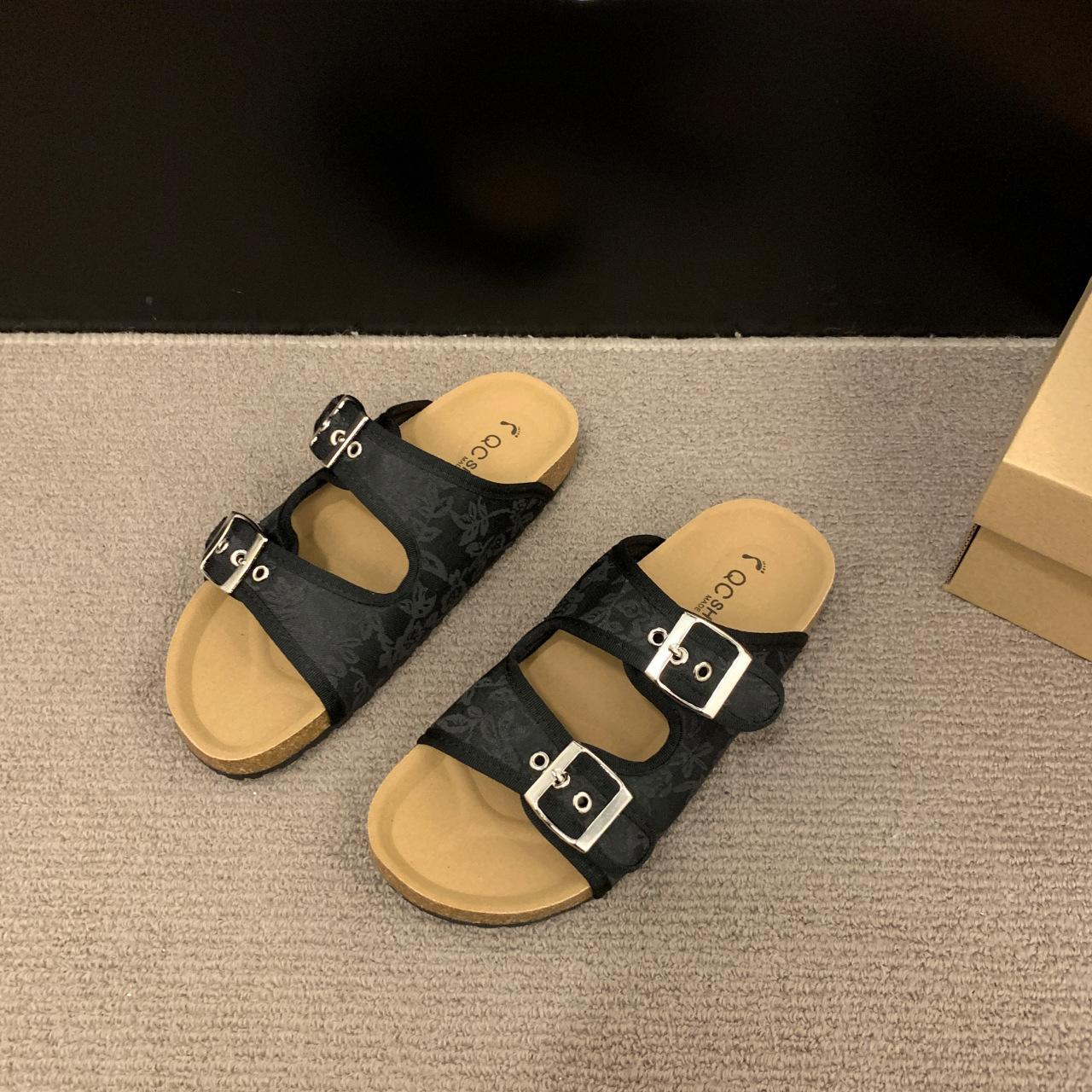 

National style flat-bottomed slippers women s spring casual outer wear Boken beach double buckle lazy one pedal 42 чёрный