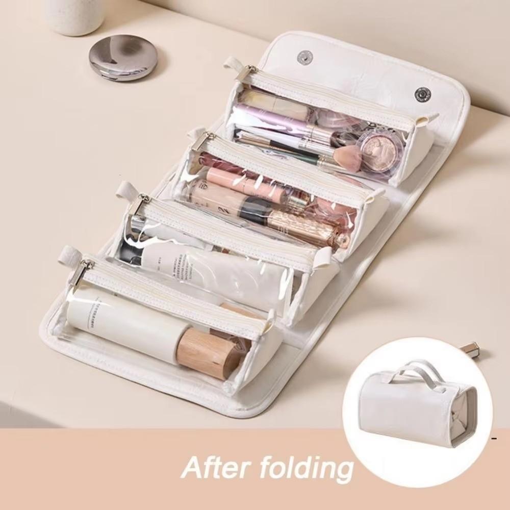 Large Capacity Foldable Cosmetic Bag Waterproof Detachable Makeup Organizer Roll Up Design PU Leather Portable Toiletry Bag