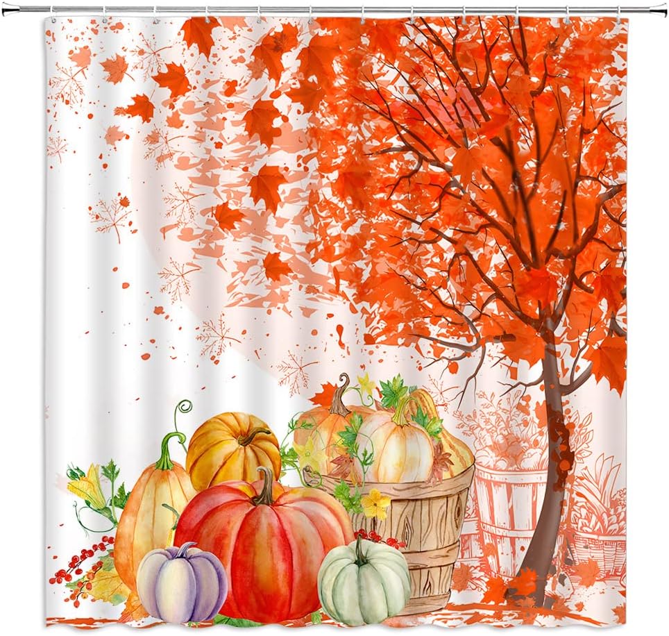 Gctnbjl Fall Shower Curtain Pumpkin Maple Leaves Sunflower Autumn Thanksgiving Day Harvest Farmhouse Seasonal Holiday Rustic Cou