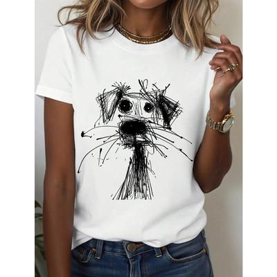 Women's Casual Round Neck T-Shirt with Hand-Drawn Puppy Doodle Print, Short Sleeve Summer Top