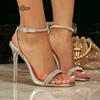 Elegant Women High Heel Sandals Silver Crystal Ankle Strap Square Toe Summer Footwear Ladies Party Dress Shoes Zapatos De Mujer