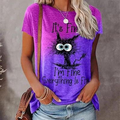Camiseta con estampado de gato frito para mujer, camiseta informal divertida de manga corta con cuello redondo, camiseta femenina de verano