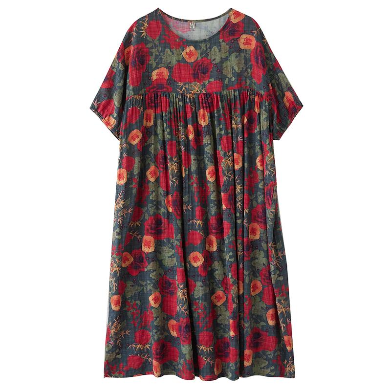 DIMANAF 2025 Summer Women Plus Size Vintage Dress Floral Short Sleeve Casual Basic New Printing Loose Long Dress