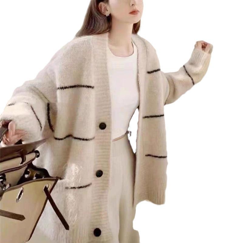 Autumn and Winter New Loose Large Size V-neck Striped Sweater Lazy Style Retro Hong Kong Style Women Wear Casual Coat