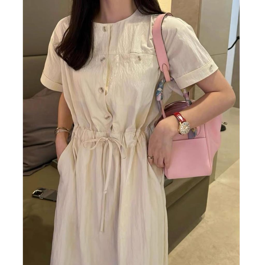 South Korea Dongdaemun summer new commuter fashion temperament round neck drawstring waist short sleeve dress women