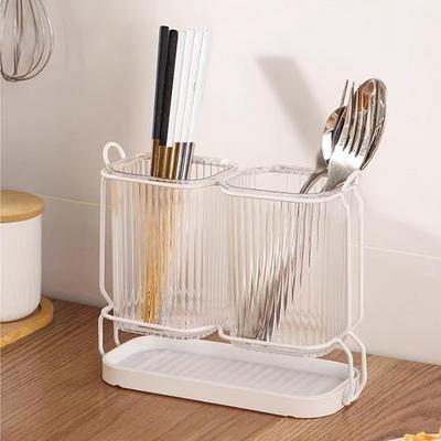 Modern 2-hole Drainable Cutlery Container Set, Stand with Attachment Hook, Wall Mountable, R99834W (2 Holes, 1 Set, White, Korean Popular Tableware