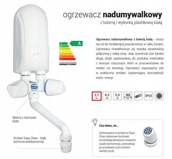 Dafi instantaneous water heater with white tap 5.5 kW, above the sink