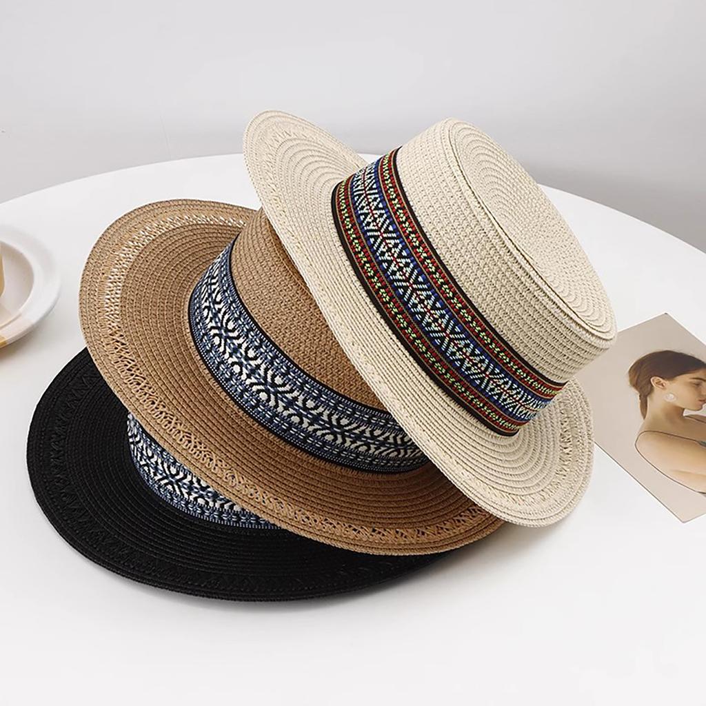 Sun Hat Sun Visor Hats Summer Hat Wide Brim Straw Boater Retro Pattern Outdoor Cap Flat Top Hat