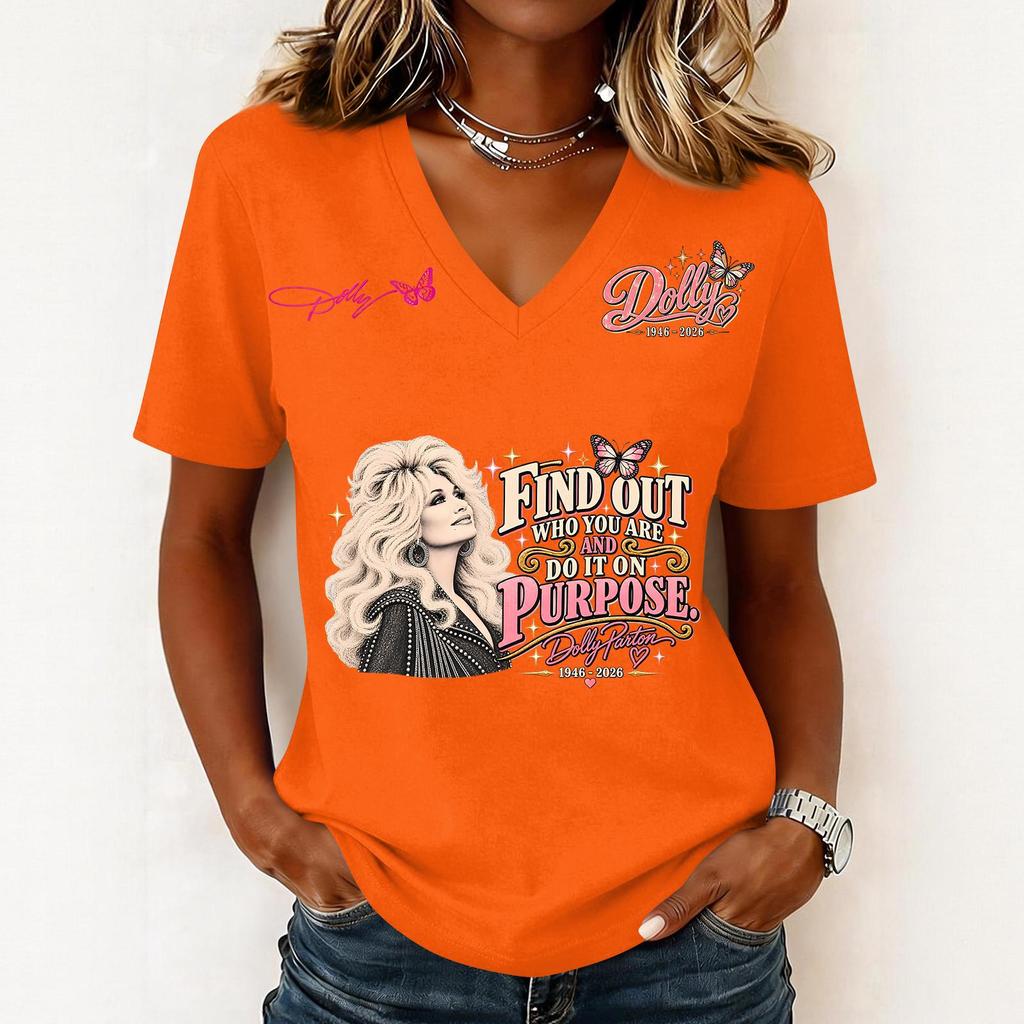 Women's Casual V-Neck Letter Print Short Sleeve Pullover T-Shirt for Everyday Wear