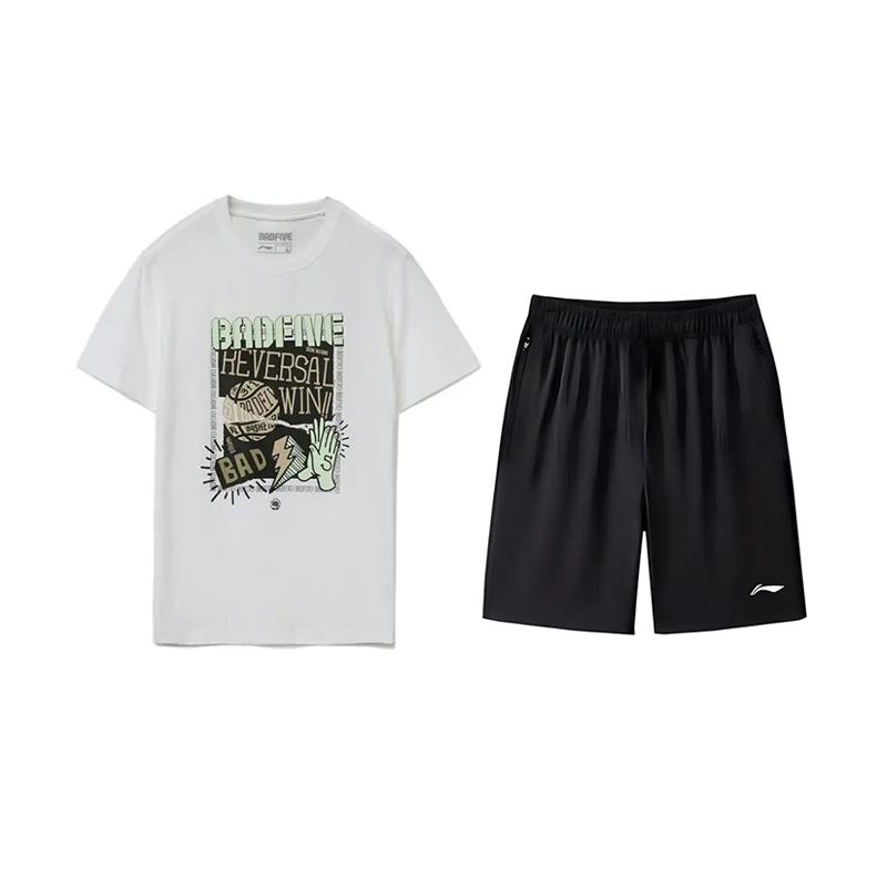 

Li-Ning Letter Print Round Neck Pullover Short Sleeve T-Shirt Comfortable Versatile Breathable Shorts Casual Sports Suit AHSVD59-1+AKSV843-1 L