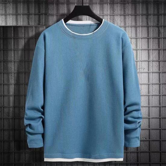 Men O-Neck Waffle Sweatshirt Fake Two-Piece Long Sleeve T-shirt Casual Loose Pullover for Spring Autumn Daily Wear Street