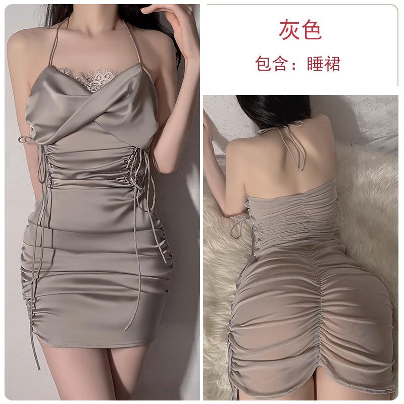 Sex underwear sexy lace splicing satin mesh see-through pleated hip-wrapped women's suspender nightdress