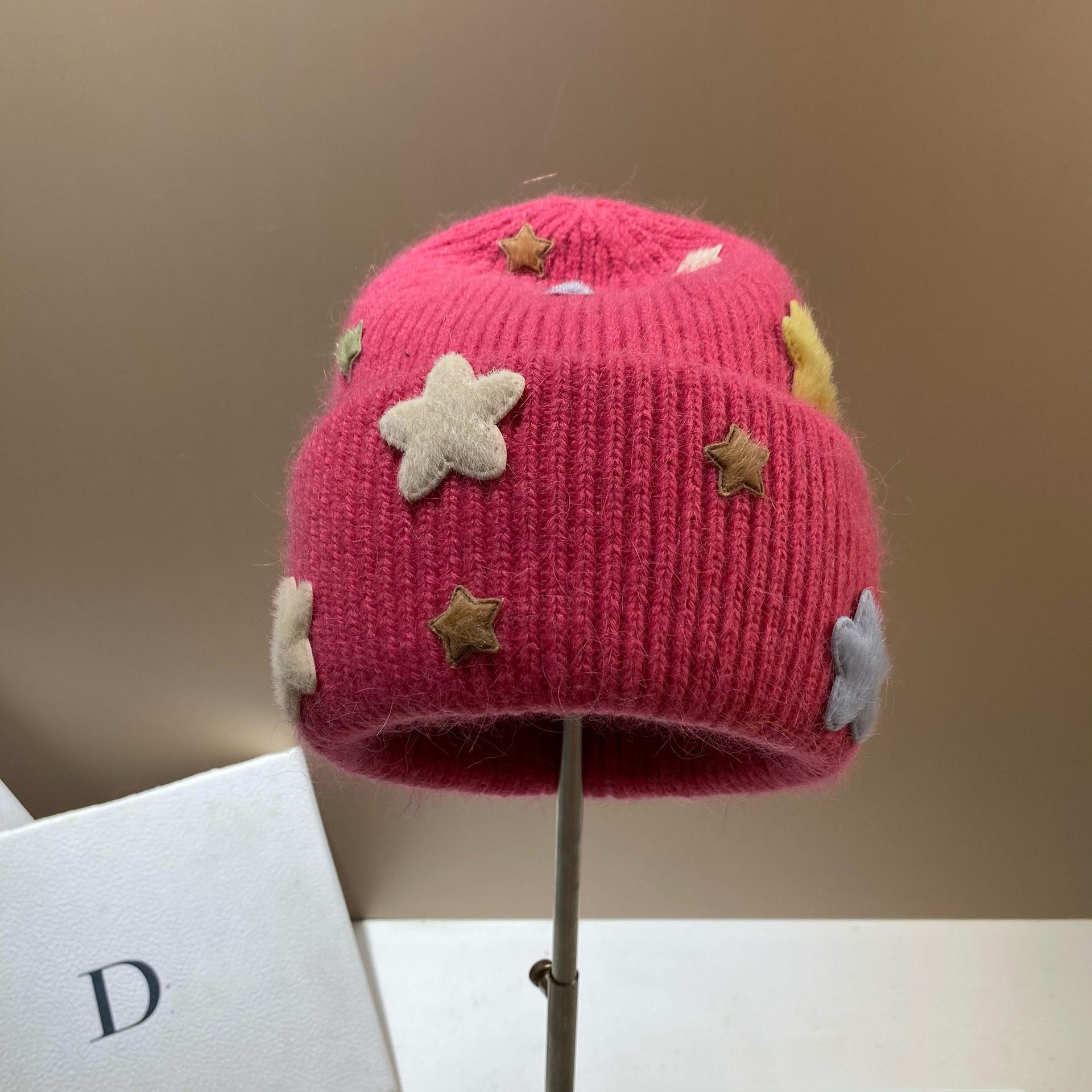 

Star Color Pentagram Sweet Wool Knitted Hat Winter Cold Warm Rabbit Hair Baotou Ear Protector One size fits all (elastic) гарячі рожевого кольору