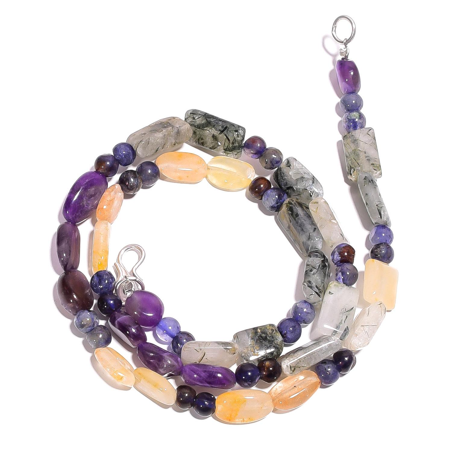 

Natural Rutile Quartz Amethyst Aventurine Gemstone Beads Necklace 17 UB-4051 UB-4051