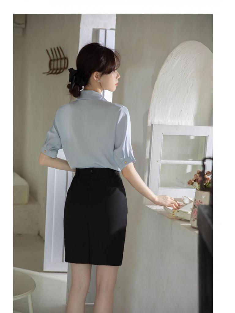 Women's Blue V-Neck Short Sleeve Professional Shirt for Interviews and Workwear