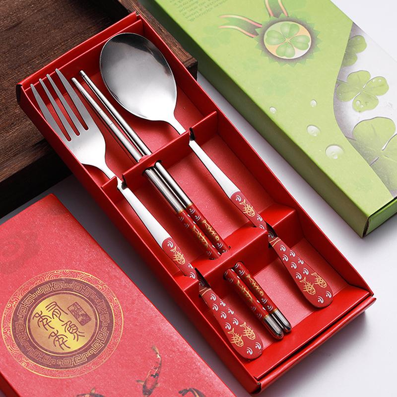 3 Stück Geschirr Edelstahl Essstäbchen Löffel Gabel Geschenkbox Tragbares Reise-Geschirrset Küchenzubehör