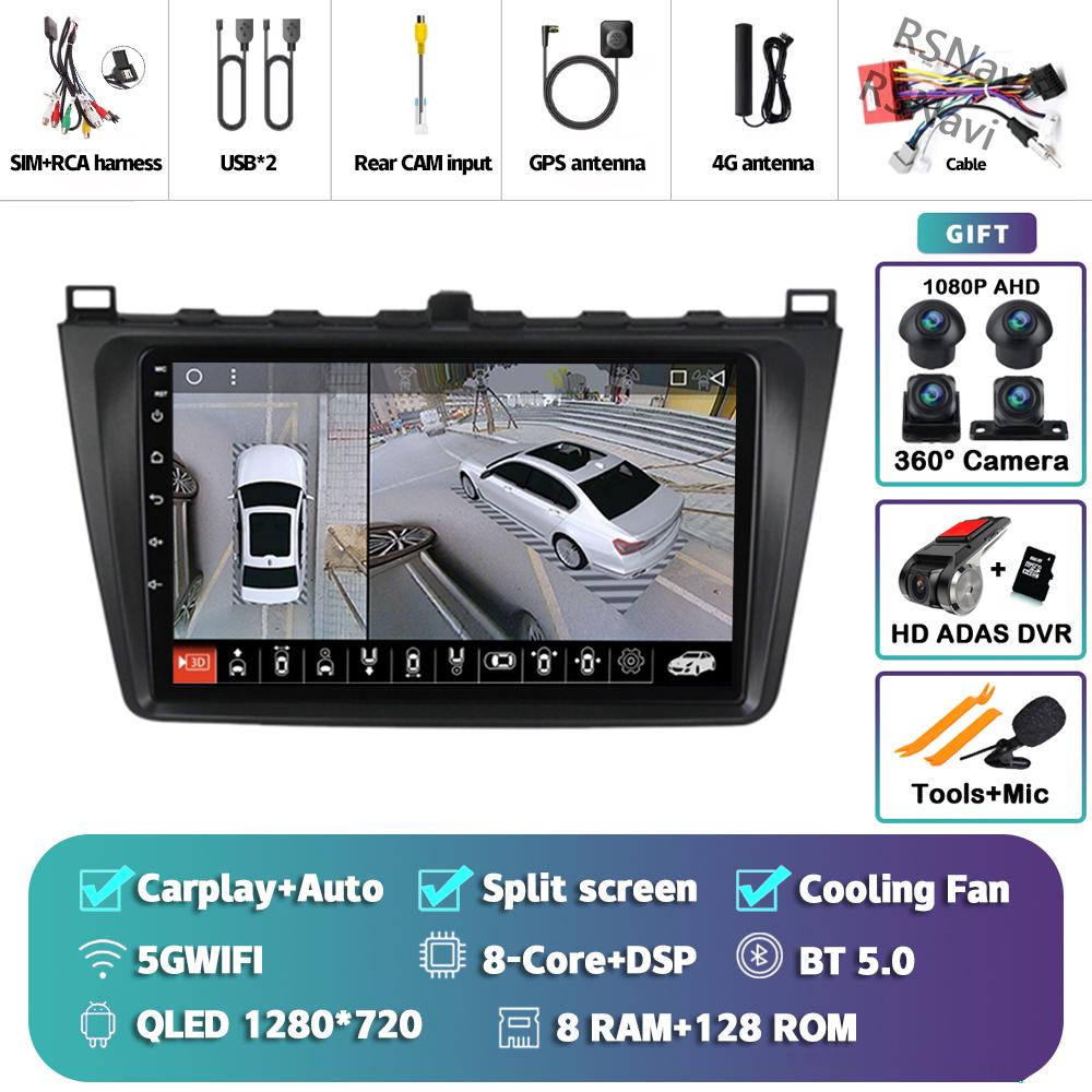 Android 14 Carplay Auto For Mazda 6 2008 - 2012 Car Radio 4G+WIFI Player Multimedia Stereo Navigation Video 360 Camera AI Voice