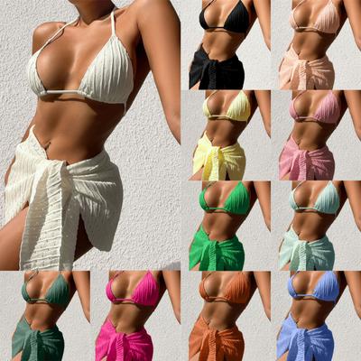 Sexy Weiß Halter 3PCS Gebunden Rock Bikini Set Frauen Hohe Taille Geschnitten Badeanzug Weiblichen Push-UP Bademode Backless Badeanzug