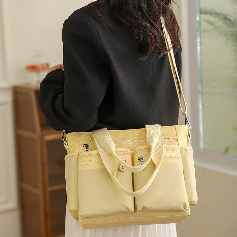Women's Solid Color Multi-Pocket Tote Bag, Large Capacity Lightweight Crossbody Shoulder Bag, Casual Satchel Handbag for Work Travel