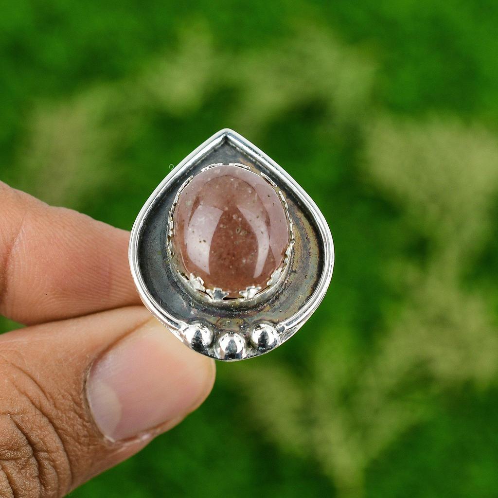 Gift For Her 925 Silver Natural Strawberry Quartz Promise Adjustable Ring