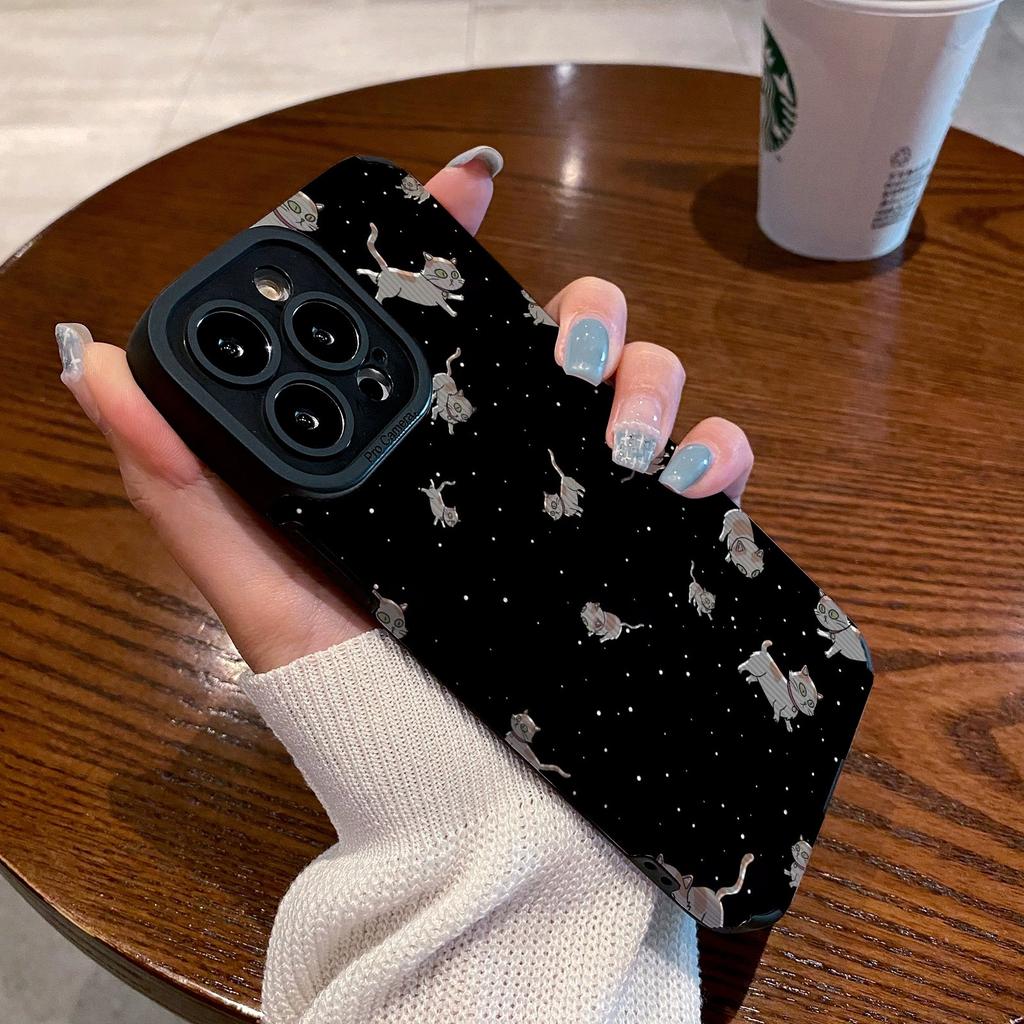 Süße Doodle Nachthimmel Kätzchen Handyhülle für iPhone 13 11 12 14 15 Pro Max Mini SE X XS Max XR 7 8 Plus Silikon Lederhülle