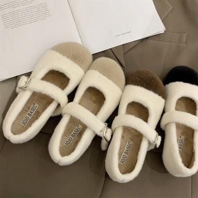 Fashion Real Rabbit Fur Warm Ballet Flats Women Korean Buckle Strap Moccasins Cozy Round Toe Winter Plush Snow Shoes Anti-skid Loafers