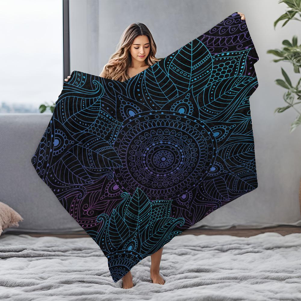 Black Floral Psychedelic Mandala Pattern Blanket - Neon Blue Purple Geometric Throw For Teens Girls Room Decor