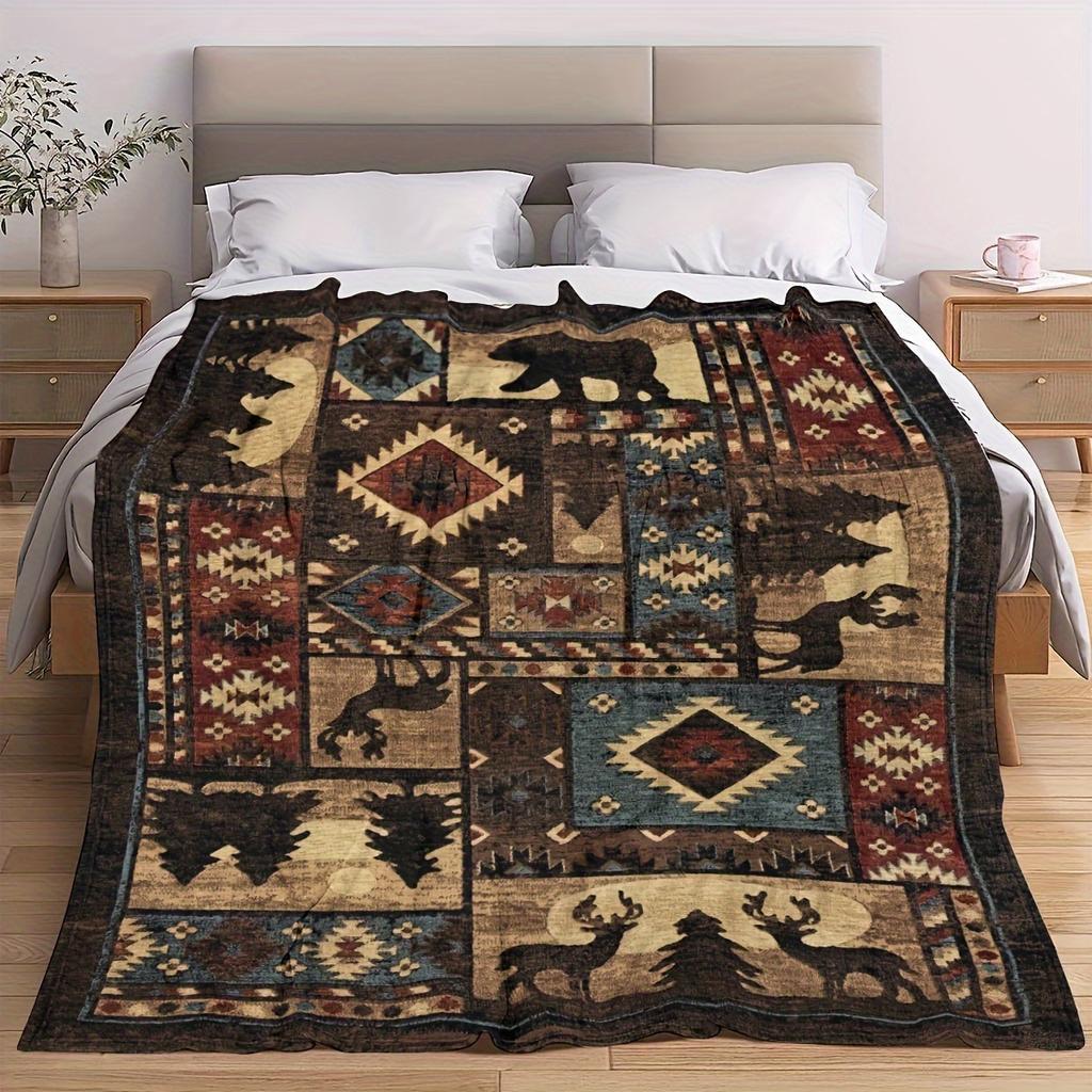 American Retro Blanket Flannel Elk Brown Bear Fury Soft Warm Sofa Blanket Bedroom Decoration Ins Style Home Furnishings