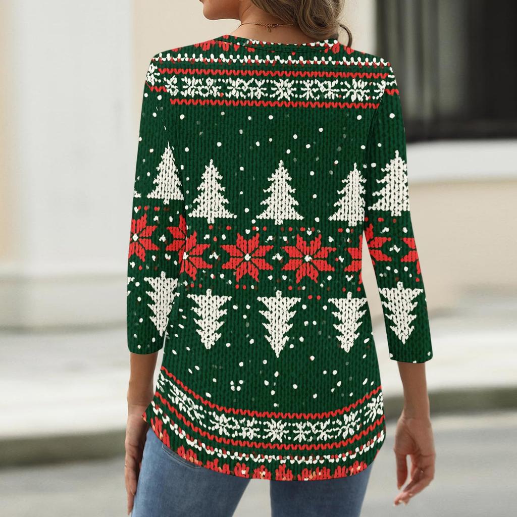 Women's Casual Christmas Print V-Neck Button Three-Quarter Sleeve T-Shirt
