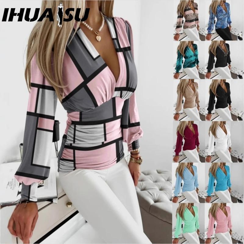 IHUASU Women's Fashion Casual Long Sleeve V Neck Blouses & Shirts