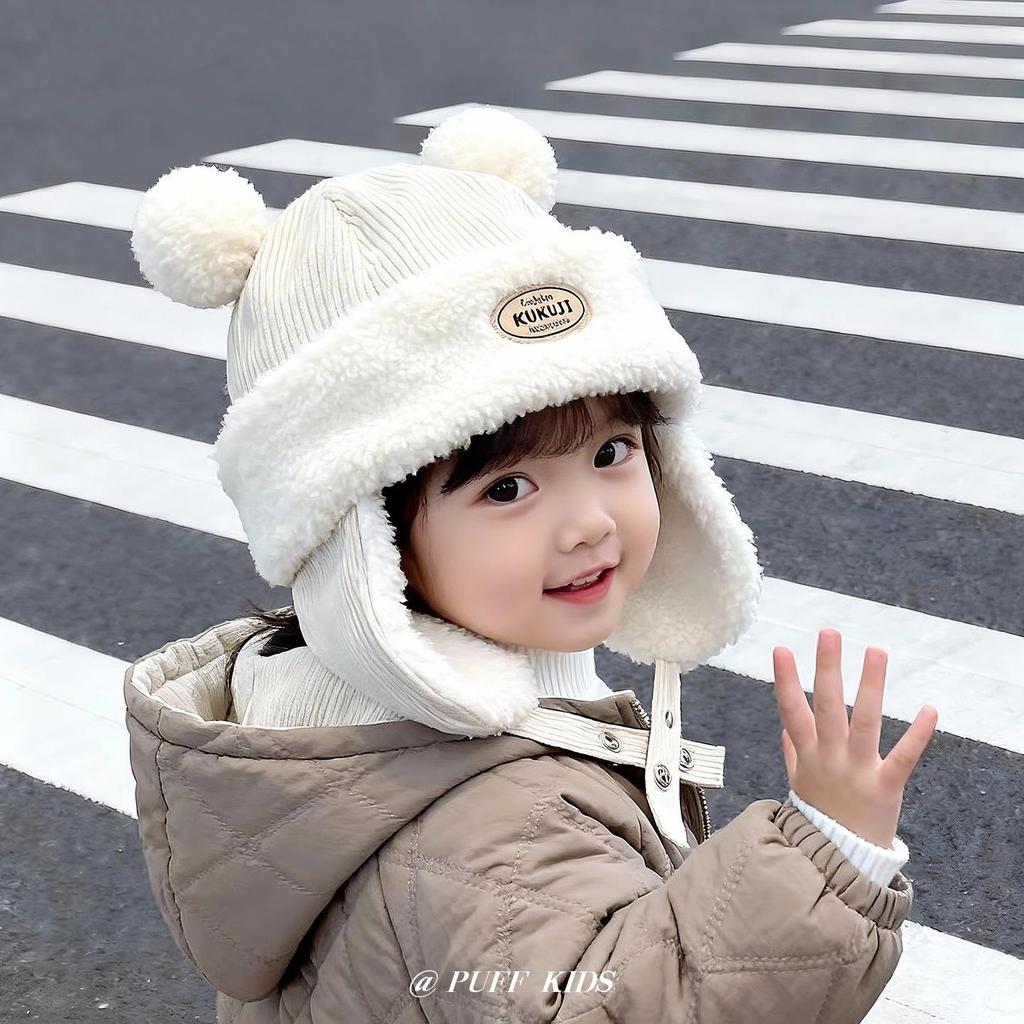 Children's Winter Hat with Fleece Lining, Windproof Corduroy Design, and Lambswool Ear Protection