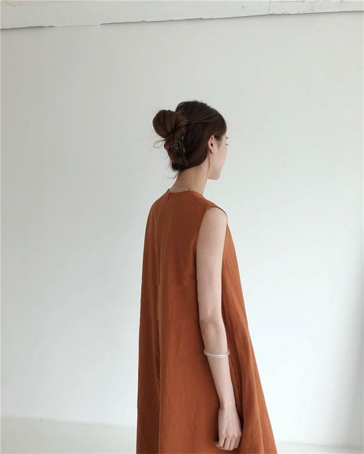 Korean Chic Pumpkin-Colored Sleeveless Cotton Linen Swing Dress