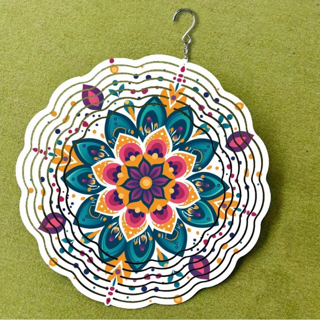10 Zoll Mandala Windspiel Outdoor Gartendeko mit 360° drehbarem Haken Lebhaftes Metall Hängedesign für Terrasse Rasen Saisongeschenk