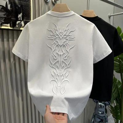 Haut d'été Broderie Neutre Col O Court Décontracté Hip Hop Coton à Texture Lourde Ins Ample T-shirt Homme