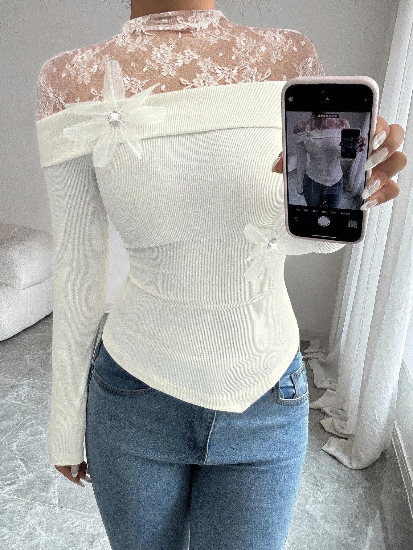 

Женская кружевная футболка с воротником-стойкой, пэчворк, с основой для броши, базовая одежда, модная, повседневная, офисная, облегающий крой, элегантный топ с длинным рукавом S белый