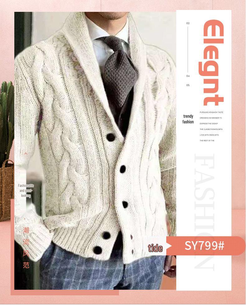 Pánský svetr s klopou a dlouhým rukávem, pletený copánkovým vzorem, jako kabátek - Podzimní/Zimní kolekce 2025