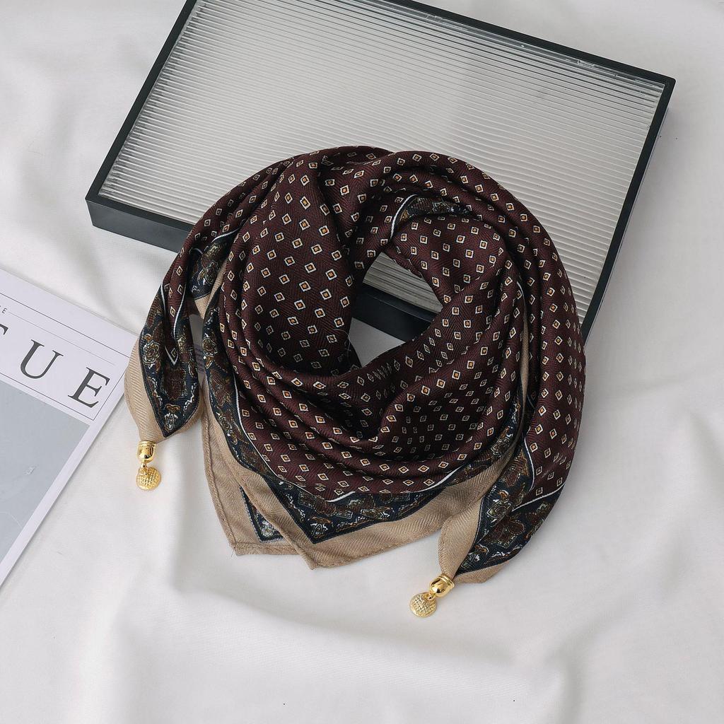 Women's 65" Silk Square Scarf with Magnetic Buckle – Autumn/Winter Print, Fashionable & Versatile Triangle Snood