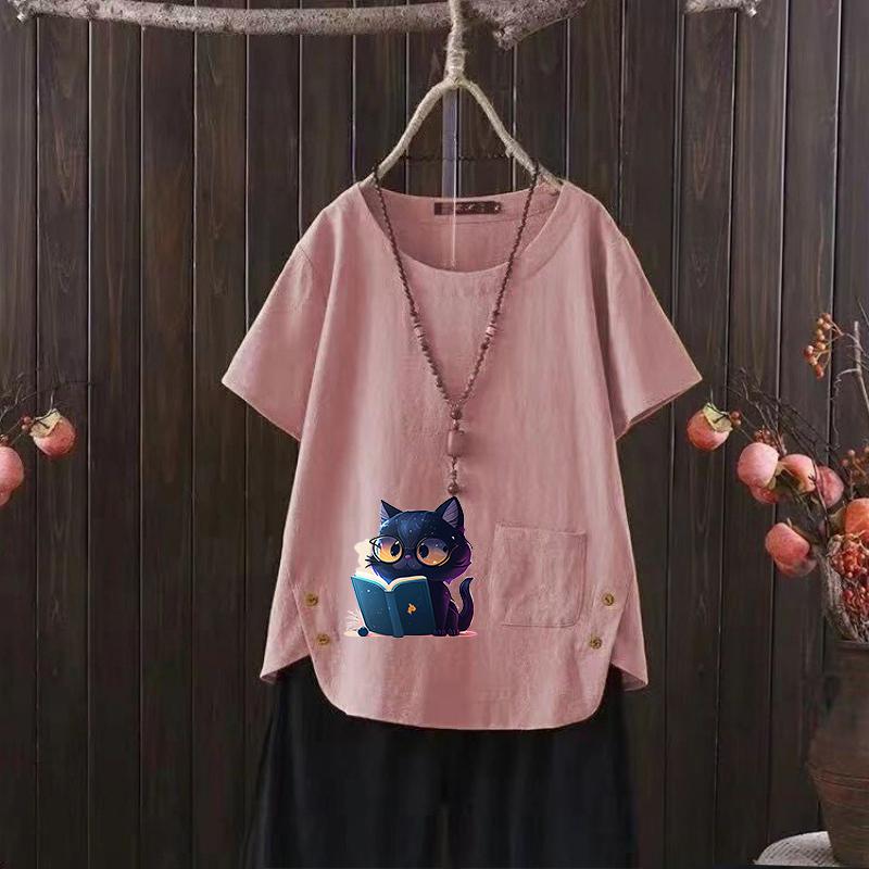 

Рубашка из льна Summer Beach Day, женская футболка с графическим принтом, короткий рукав с принтом Boho, S-4XL 4XL розовый