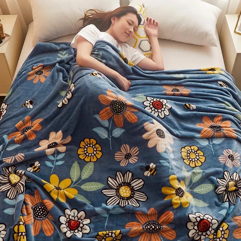 Flower Blanket for Sofa Reactive Printed Thin Blanket for Beds Single/Queen/King Coral Fleece Flannel Blanket Soft Warm Plaids