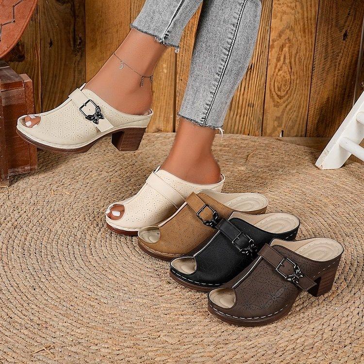 Large-Size Chunky Heel Sandals – Summer New Butterfly Decoration Height-Increasing Peep-Toe One-Band Slide Sandals for Women