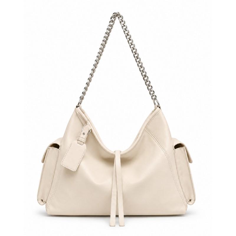 Vintage Chain Detail Moto Shoulder Bag Women Large Capacity Crossbody Soft PU Leather Streetwear Style