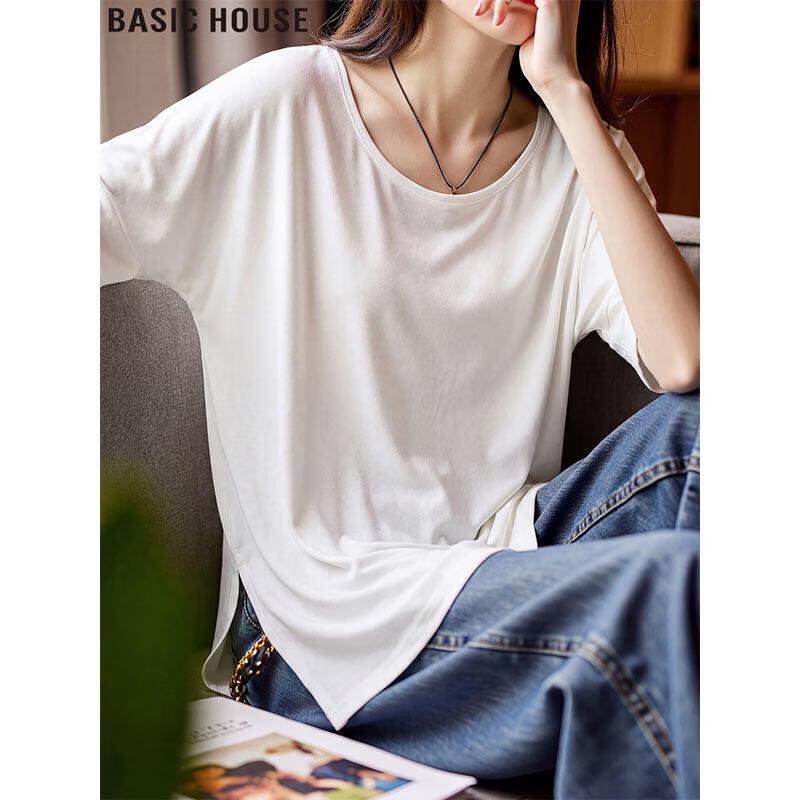 Basic House Women s Ice Silk Short Sleeve T-shirt with Side Slit One Size белый