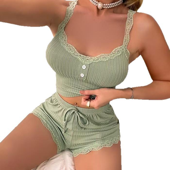 European & American Fashion Lace Trim Women's Pajama Set - Casual & Sexy Camisole and Shorts